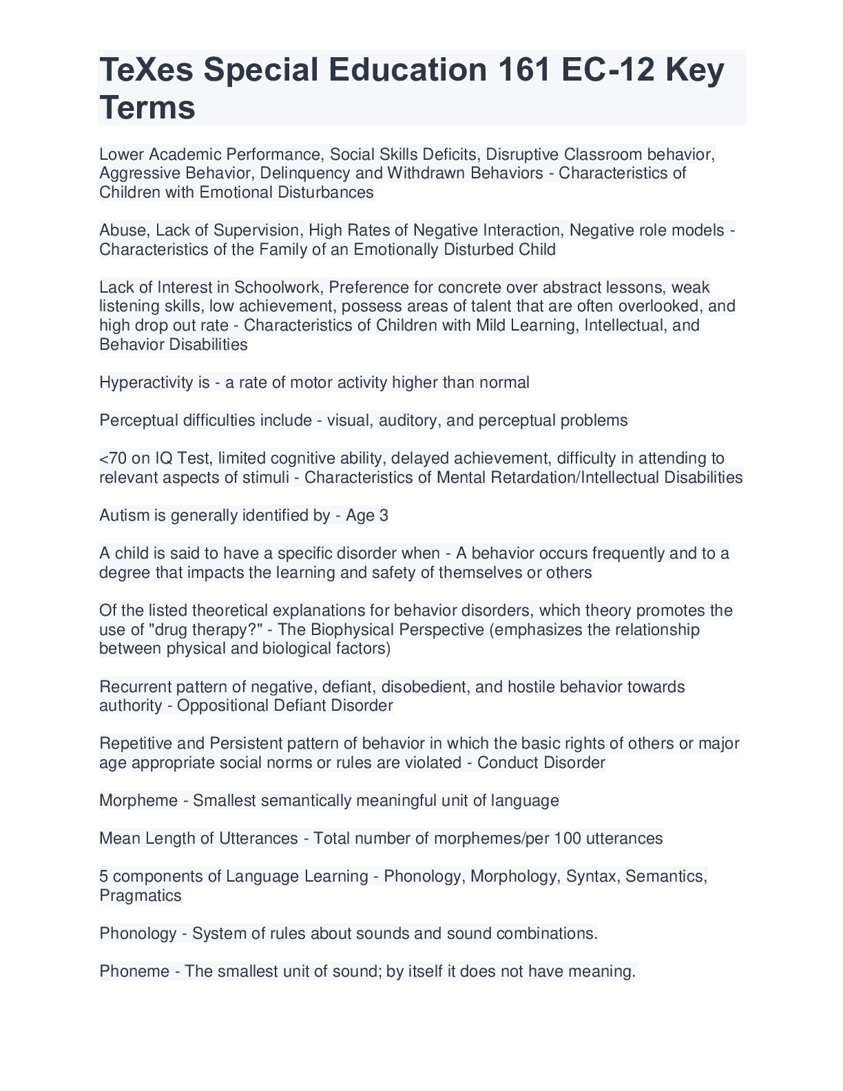 Preview image for TeXes Special Education 161 EC-12 Key Terms